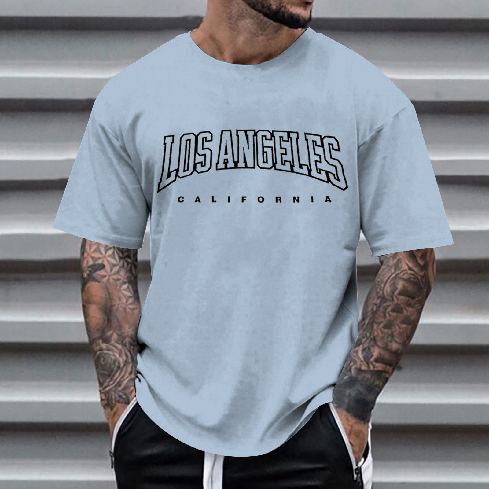 thumbnail image 3 of Camiseta informal de manga corta con estampado de letras para hombre, cuello redondo, poliéster y spandex, estilo informal, fácil de combinar con vaqueros y pantalones cortos, 3 of 6